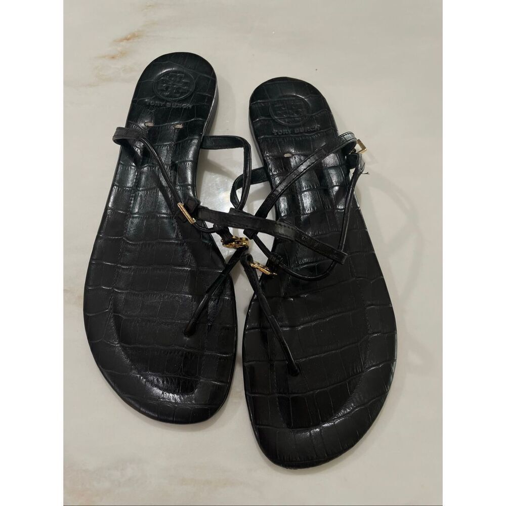 Tory Burch Croc Embossed Footbed Leather Thong strap sandals size 9.5 - Picture 1 of 7